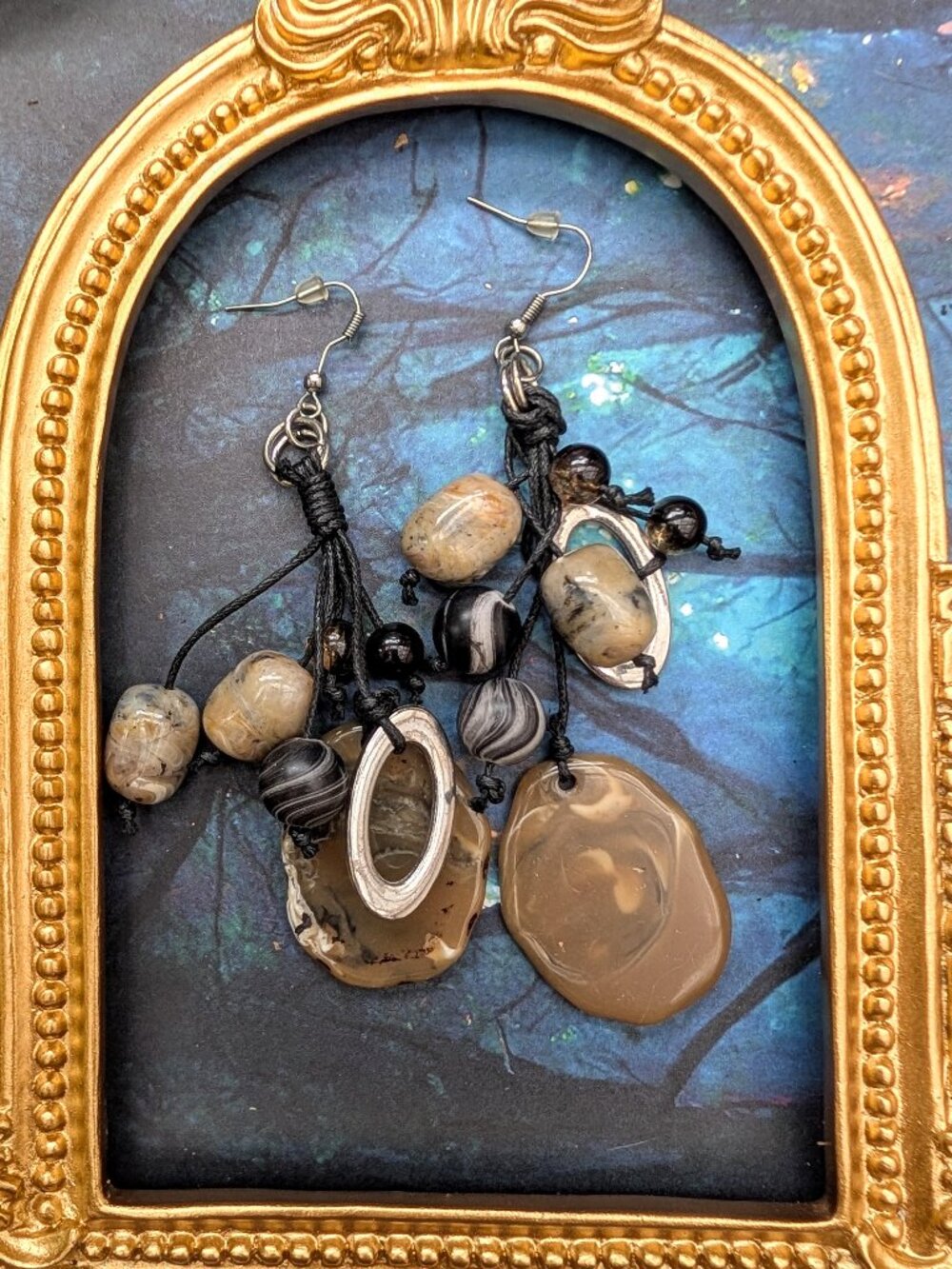 Vintage Boho Beaded Drop Earrings with Agate Slice, Stone & Silver Look Beads